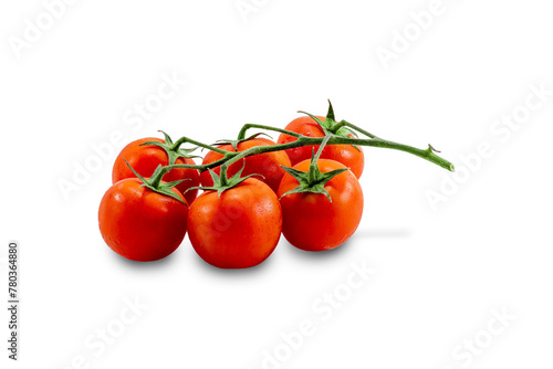 group of six ripe red tomatoes on a branch, on a white background isolate