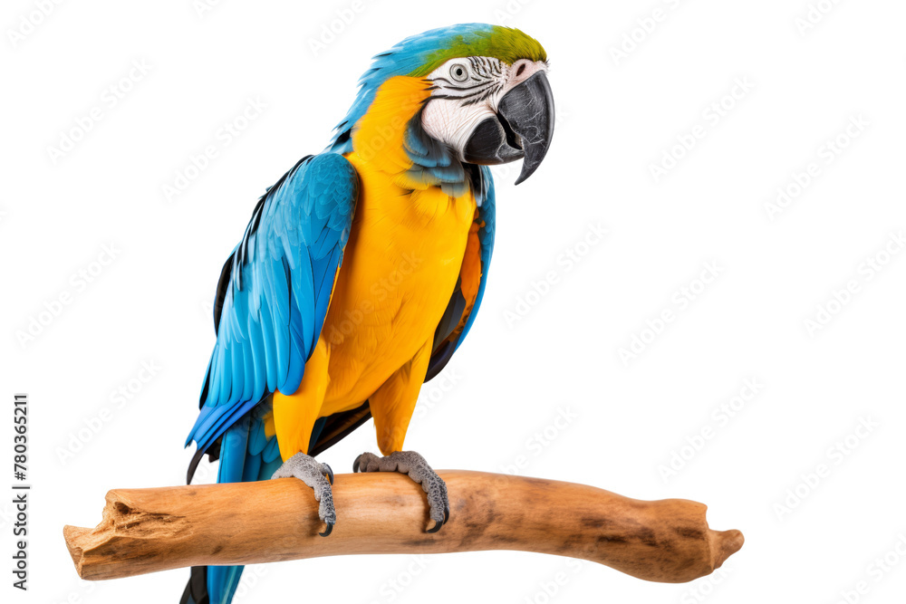 Fototapeta premium bright blue macaw parrot perched on a wooden perch Playful demeanor,Isolated on white background