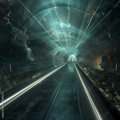 A train moving through a tunnel illuminated by numerous lights, creating a dazzling visual spectacle photo