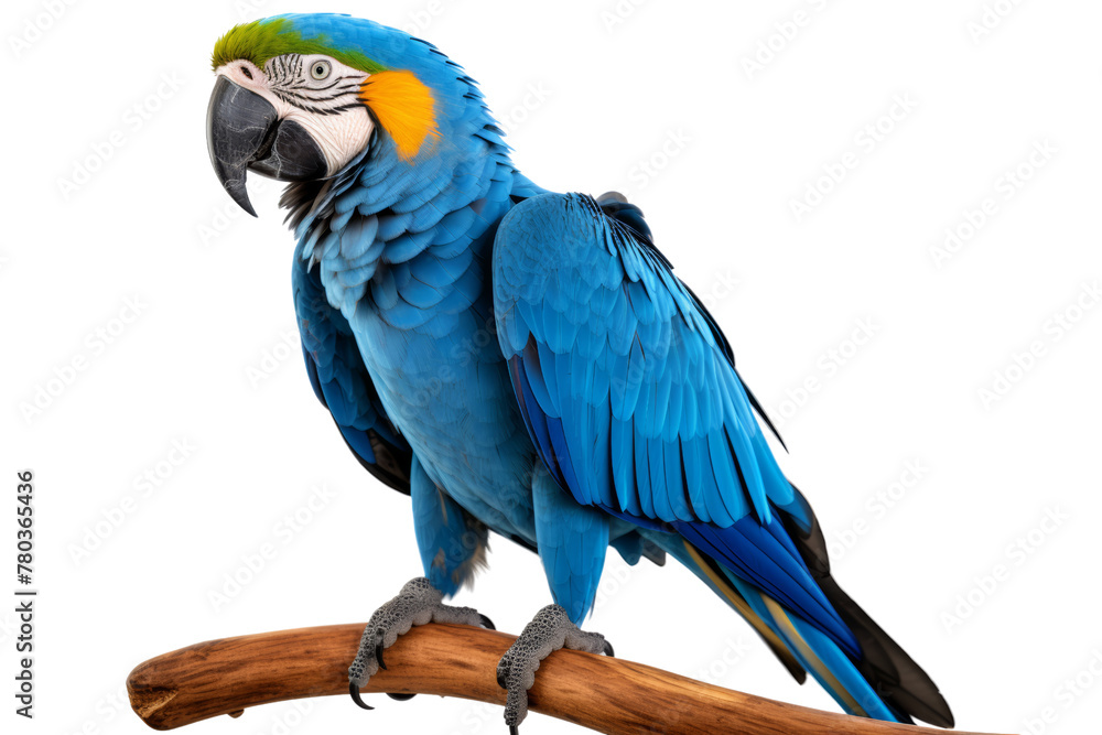 Obraz premium bright blue macaw parrot perched on a wooden perch Playful demeanor,Isolated on white background