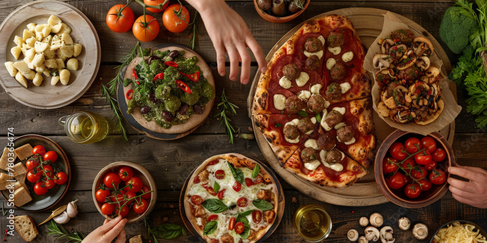 aerial view of pizzas in wooden table, a person eating pizza aerial view of pizzas in wooden table, a person eating pizza
