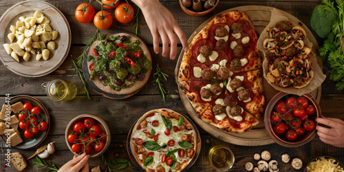 aerial view of pizzas in wooden table, a person eating pizza