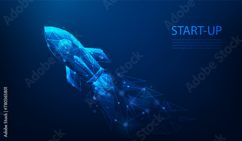 rocket launch business start up low poly wireframe on blue background. business achievement to sucess concept.vector illustration fantastic design.