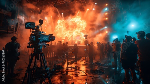 A film crew on set, shooting an action movie fighting scene photo