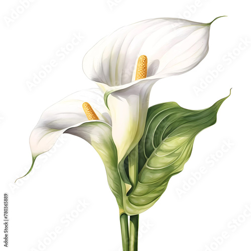 Realistic illustration of white calla lilies with green leaves