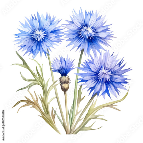Illustration of blue cornflowers with spiky petals and green leaves