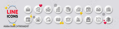 Court building, Balcony and Skyscraper buildings line icons. White buttons 3d icons. Pack of Shop, Sleep, Sports arena icon. Loan house, Food market, Market pictogram. Vector