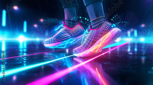 Close-up of shoes for sports and fitness on a dark background with neon lines. Sneakers and graphics for training, exercise and balance. Sports concept. Active lifestyle. © Alina Tymofieieva