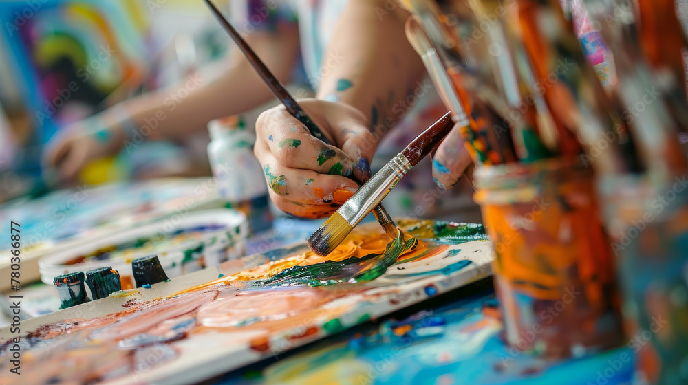 People expressing themselves doing art during an art therapy workshop, with paints, brushes, canvases. Therapeutic benefits of creativity and self-expression in mental health and emotional well-being People expressing themselves doing art during an art therapy workshop, with paints, brushes, canvases. Therapeutic benefits of creativity and self-expression in mental health and emotional well-being