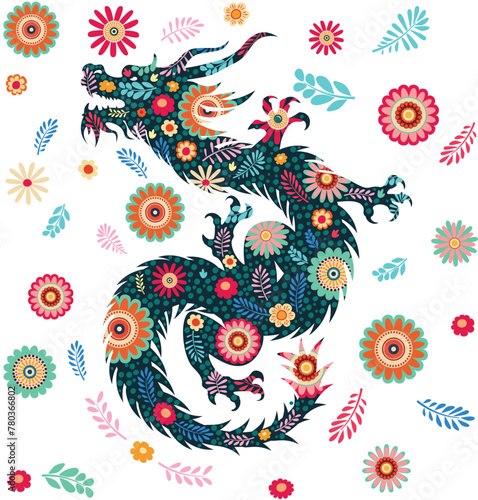 Dragon and flowers pattern. Decorative flowers and dragon silhouette  retro floral pattern design