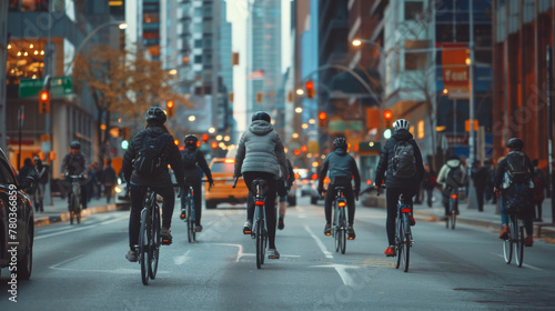 Bustling city street filled with cyclists commuting to work, showcasing the popularity of eco-friendly transportation modes, bike-sharing programs, vibrant energy of bike-friendly urban environment photo