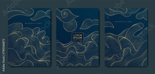Vector sea chinese, japanese patterns set, wave design background, line modern graphic. Geometric style ocean gold illustration, asian retro ornament.