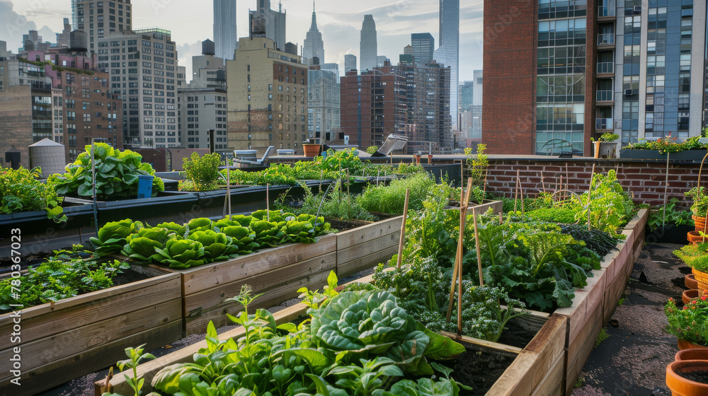 Fototapeta premium Rooftop garden in the heart of a city, showcasing raised beds filled with vegetables and herbs thriving amidst the urban landscape , urban farming concept with nobody