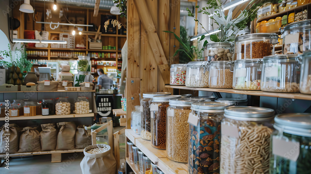 Zero waste grocery store where customers bring their own containers to fill with bulk food items and package-free products , concept of reducing waste and conscious consumption and minimal packaging