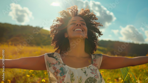Portrait of a free happy latin american woman with open arms enjoying life in meadows and nature background , young joyful latina female with good mental health
