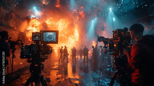A film crew on set, shooting an action movie fighting scene