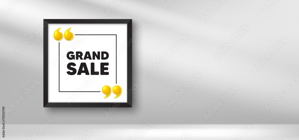 Obraz premium Photo frame banner. Grand sale tag. Special offer price sign. Advertising discounts symbol. Grand sale picture frame message. 3d comma quotation. Vector