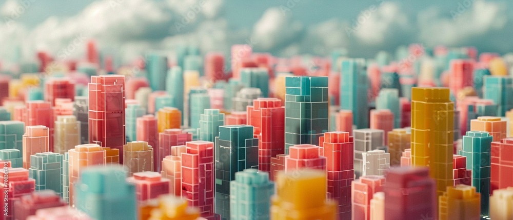 Minimalist cityscape made entirely of gummy buildings. 3d render.