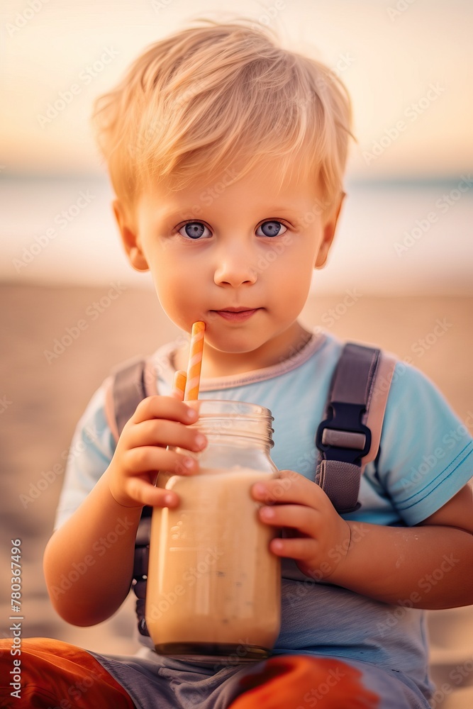 Boy Drinking Smoothie on Beach Boy Drinking Smoothie on Beach