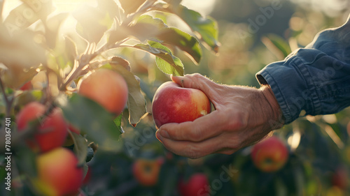 Close up of a man's hand picking an apple from a tree in an orchard