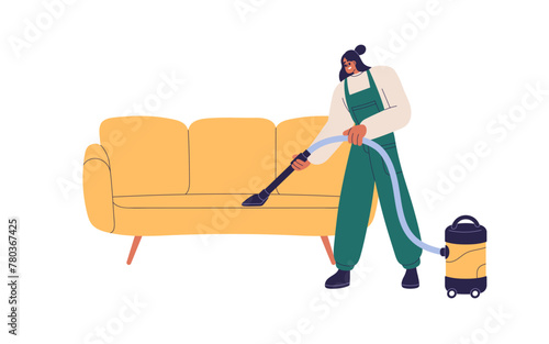 Worker cleaning sofa with vacuum cleaner. Furniture upholstery cleanup. Woman from professional housework service, working with couch. Flat graphic vector illustration isolated on white background