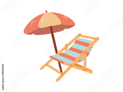 Cute hand drawn beach chair with beach umbrella. Flat vector illustration isolated on white background. Doodle drawing.