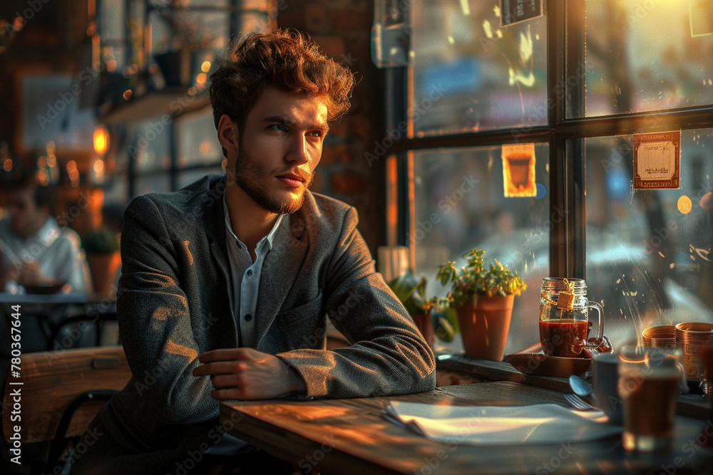 person in restaurant, Golden Hour Musings: A Young Man's Contemplative Gaze in a Cozy Cafe person in restaurant, Golden Hour Musings: A Young Man's Contemplative Gaze in a Cozy Cafe