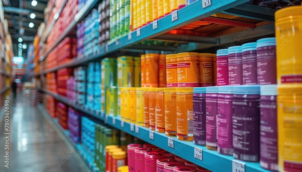 Colorful variety of health supplement bottles displayed on shelves in a modern retail store