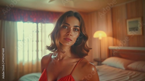 An analog style photo capturing a gorgeous woman in various poses within an old motel room, evoking the aesthetic of classic American films