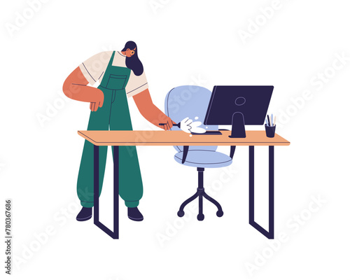 Cleaner from cleaning service, cleans work table, computer desk from dust. Janitor with brush at office workplace during professional cleanup. Flat vector illustration isolated on white background
