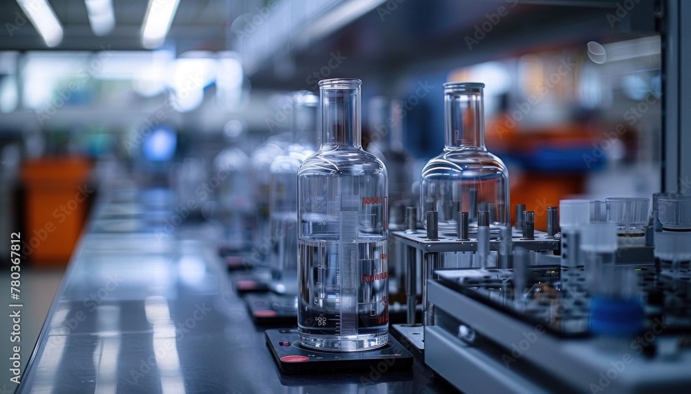 Row of glass bottles in lab, containing fluids for engineering experiments Row of glass bottles in lab, containing fluids for engineering experiments