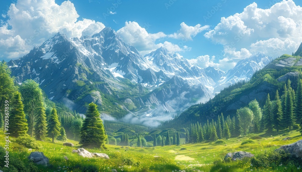 Ethereal landscape with towering mountains, lush trees, and a serene sky