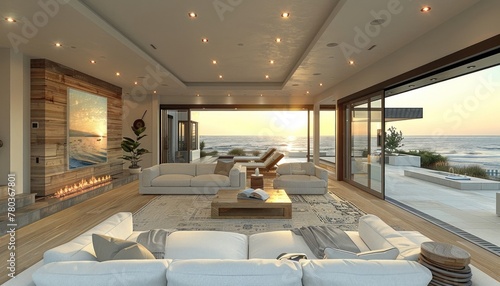 Interior design of a building with ocean view, filled with furniture