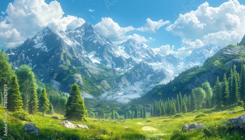 Ethereal landscape with towering mountains, lush trees, and a serene sky