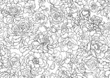 Blossom trees with rose, peony, chrysanthemum, Seamless pattern, background. Outline Vector illustration. In Chinoiserie, botanical style