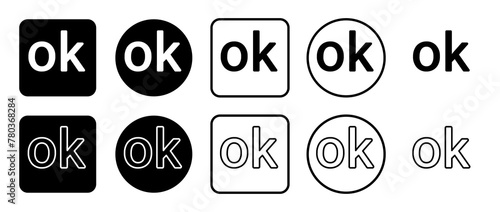 Icon set of ok symbol. Filled, outline, black and white icons set, flat style. Vector illustration on white background