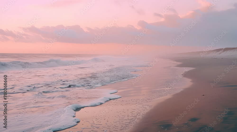 A secluded beach at dawn, where the soft pastel colors of the sky blend with the gentle lapping of the waves on the shore.