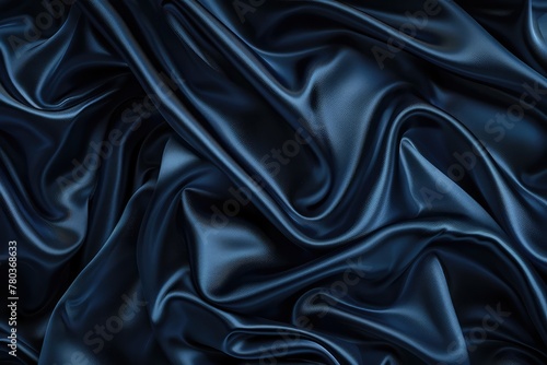 Abstract dark background. Silk satin fabric. Navy blue color. Elegant background with space for design. Soft wavy folds. Christmas, birthday, anniversary, award. Template.
