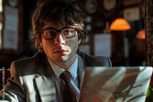 portrait of a man in sunglasses, Focused Intensity: Intellectual Young Professional Deep in Thought While Working on a Project in the Warm Light of a Vintage Cafe