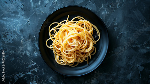 The black plate was full of spaghetti. Dark background photo