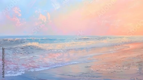 A secluded beach at dawn  where the soft pastel colors of the sky blend with the gentle lapping of the waves on the shore.