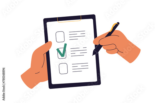 Checklist on clipboard. Hands ticking, marking checkmark on paper check-list. Filling questionnaire, survey form, document, choosing option. Flat vector illustration isolated on white background