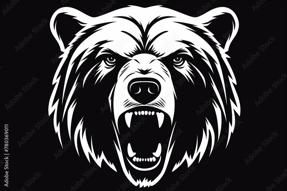 Black and white vector-style face of a bear isolated on a solid background.