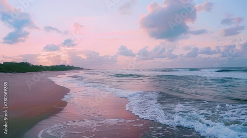 A secluded beach at dawn, where the sky is painted in soft pastel hues, and the gentle waves lap against the shore, creating a tranquil scene. © Sardar