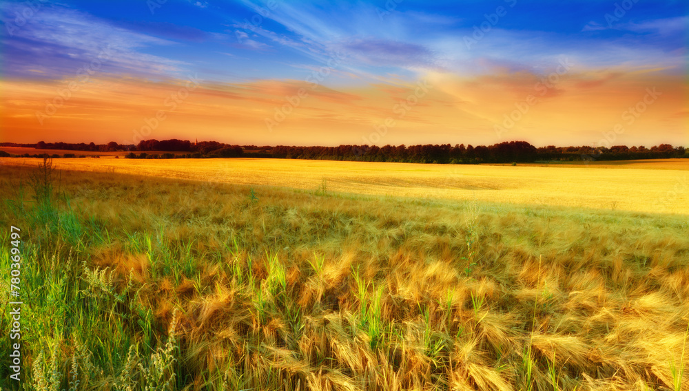 Sunset, field and wheat plants on farm, ecology and travel to countryside or outdoor nature. Dusk, meadow and earth for landscape or peace and calm sustainability, grain and growth in environment