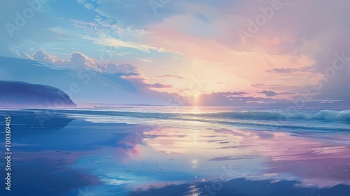 A secluded beach at dawn  where the first light of day paints the sky in soft pastel hues  reflected in the tranquil waters of the sea.