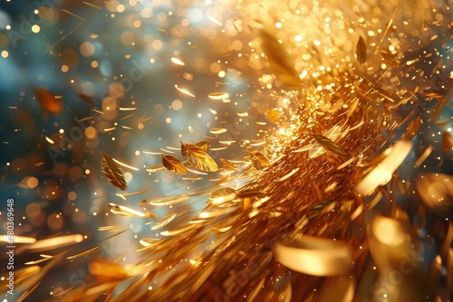 Abstract gold metallic forms soaring high in the sky, featuring fast movements and radial zoom motion blur photo