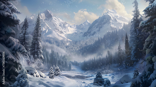 snowy landscape with trees and mountains in the background. AI generated photo
