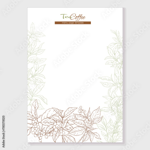 Green tea branch with leaves Coffee tree. Branch with leaves and berries. Border, frame, template for menu page, product label, cosmetic packaging. Vector illustration. In botanical style