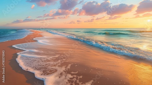A secluded beach at sunrise, where the horizon is painted in hues of gold and pink, and gentle waves lap against the shore in a rhythmic melody.